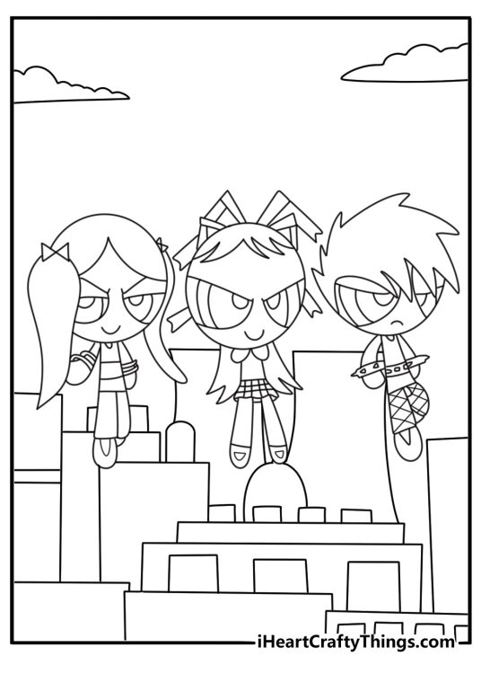 Powerpunk Powerpuff Girls coloring pages with punk outfits and city backdrop