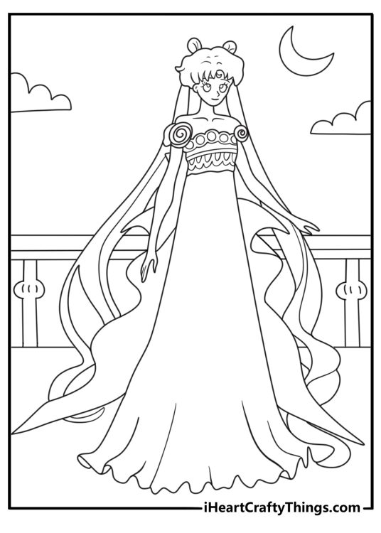 Princess Serenity in long gown on palace balcony Sailor Moon coloring page
