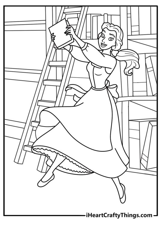 Printable Belle coloring page with Belle holding a book beside tall shelves
