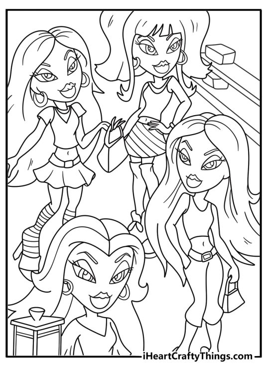 Printable Bratz coloring page with four friends inside a fashion boutique