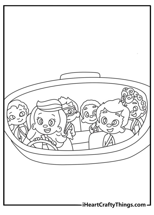 Printable Bubble Guppies coloring page showing group riding a school bus submarine