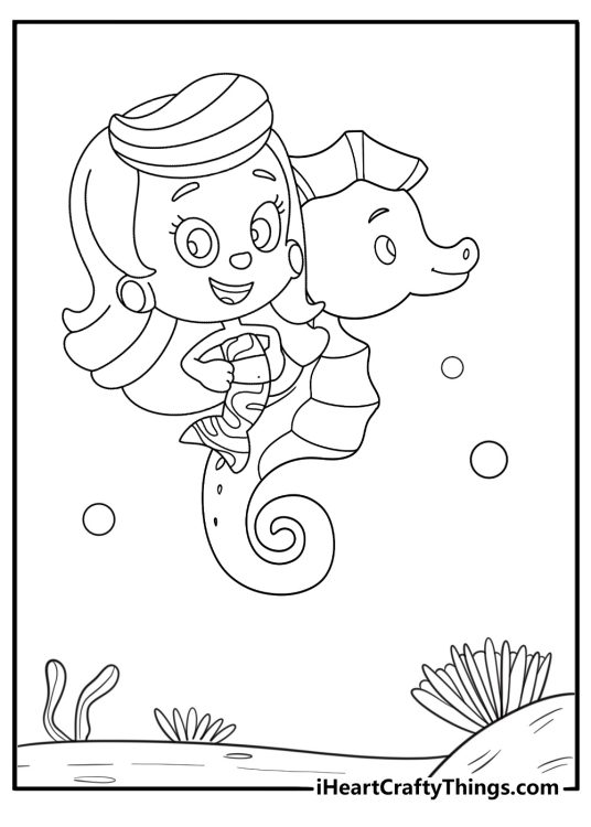 Printable Bubble Guppies coloring sheet with Molly riding a seahorse through coral reef