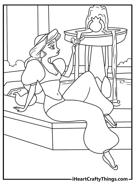 Printable Jasmine coloring page with the princess near a palace fountain