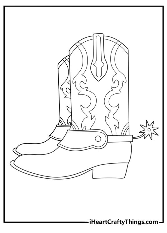 Printable Mexican coloring page of boots with stitched patterns and spurs