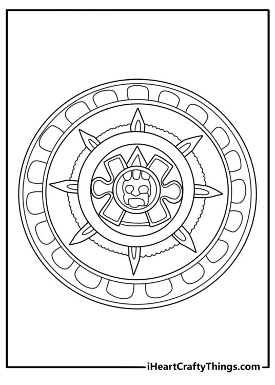 Printable Mexican coloring picture of an aztec calendar stone with carved symbols