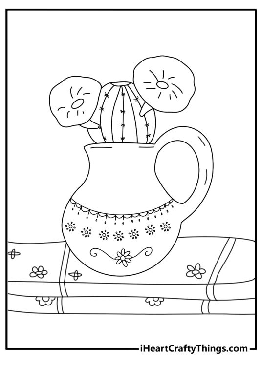 Printable Mexican coloring sheet of a cactus in a clay pot beside a woven blanket