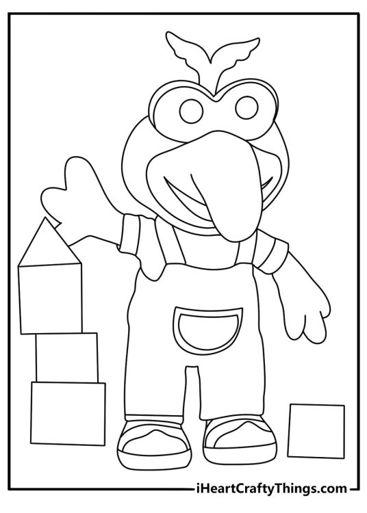 Printable Muppet Babies coloring page with Gonzo building a block tower