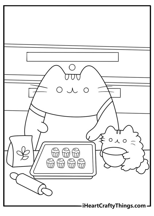 Printable Pusheen coloring page showing the chubby cat baking cupcakes in a cute kitchen scene