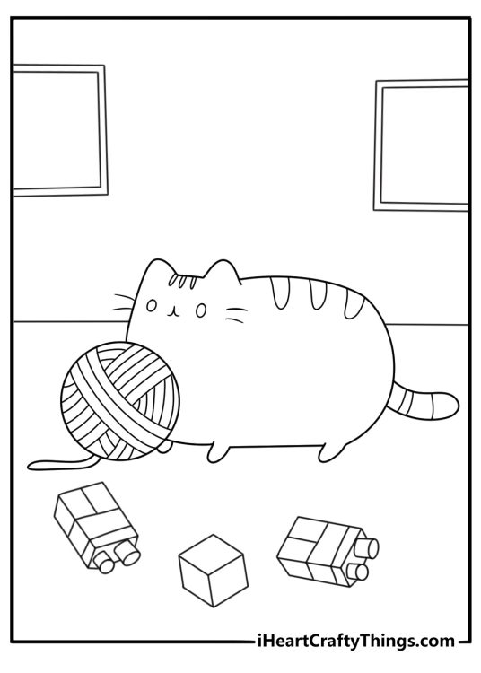 Printable Pusheen line drawing of the cat playing with a ball of yarn and tiny scattered toys