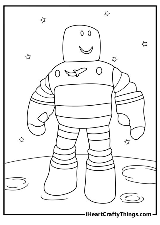 Printable Roblox coloring page showing avatar in space suit on moon