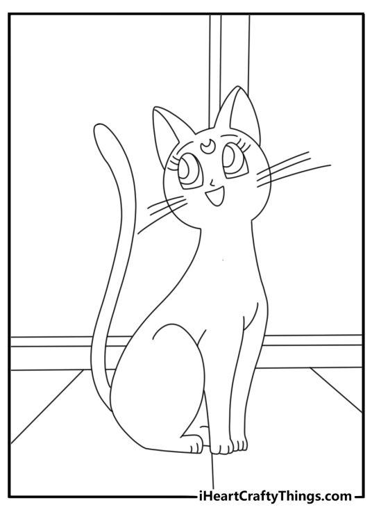 Printable Sailor Moon Luna cat with crescent moon on forehead sitting on windowsill cute coloring page