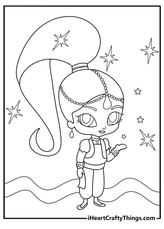 Printable Shimmer and Shine page with Shimmer creating sparkling stars