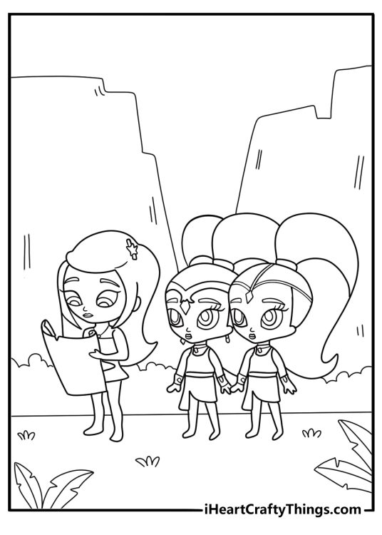 Printable Shimmer and Shine sheet for kids with Leah joining the genies on an adventure