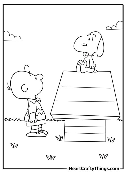 Printable Snoopy coloring page with Charlie Brown near the doghouse