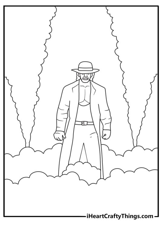 Printable WWE coloring page with a wrestler entering through stage smoke