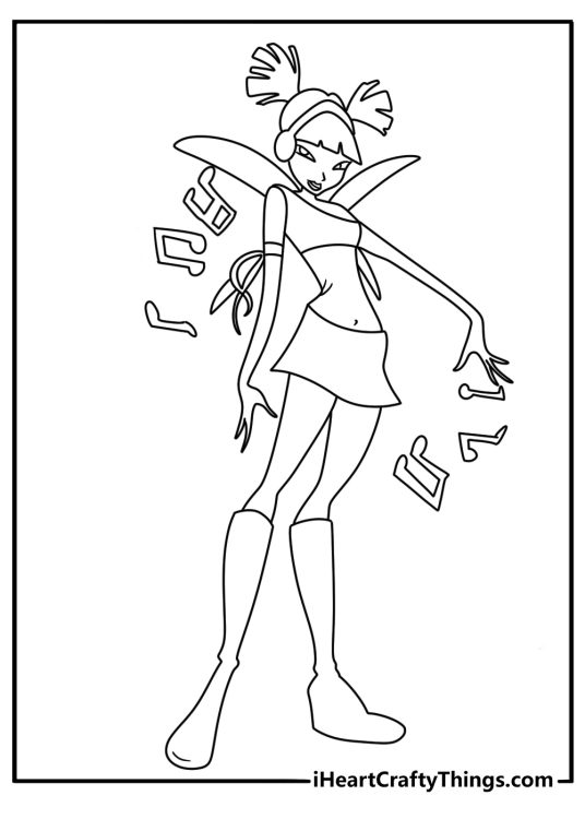 Printable Winx fairy page with Musa playing music magic with floating notes