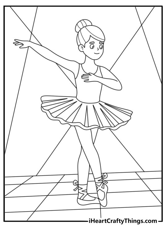 Printable ballerina coloring page with a dancer beside stage lights