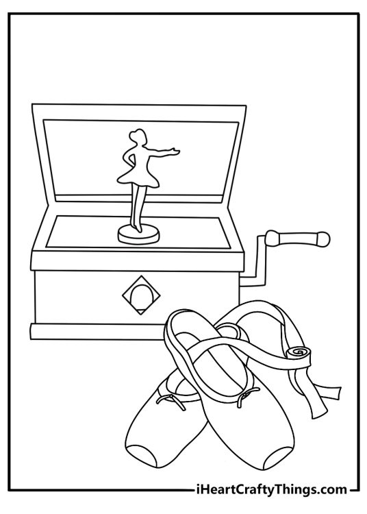 Printable ballerina coloring page with ballet slippers beside a music box