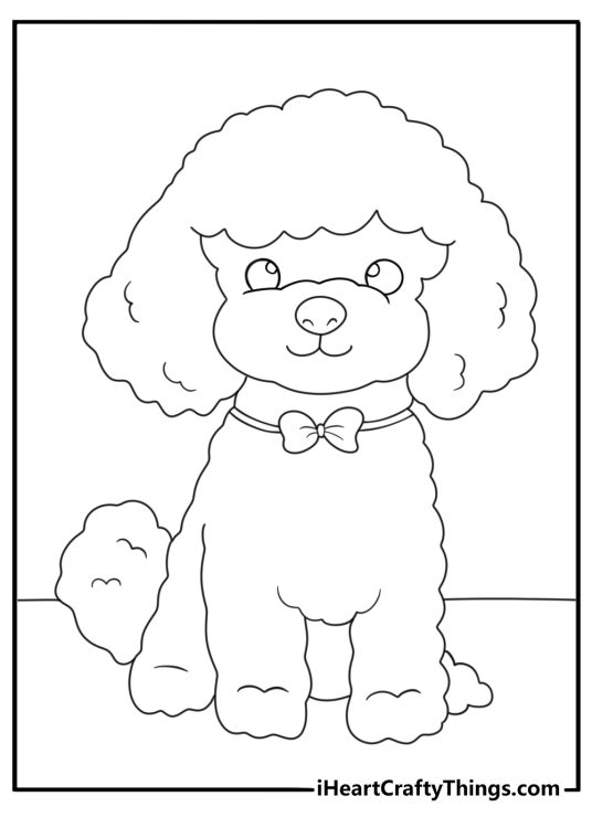 Printable coloring drawing for children featuring fluffy poodle puppy sitting calmly