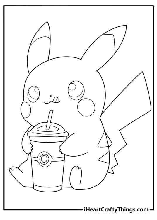 Printable coloring drawing of a Pikachu licking his lips while holding a cup of drink