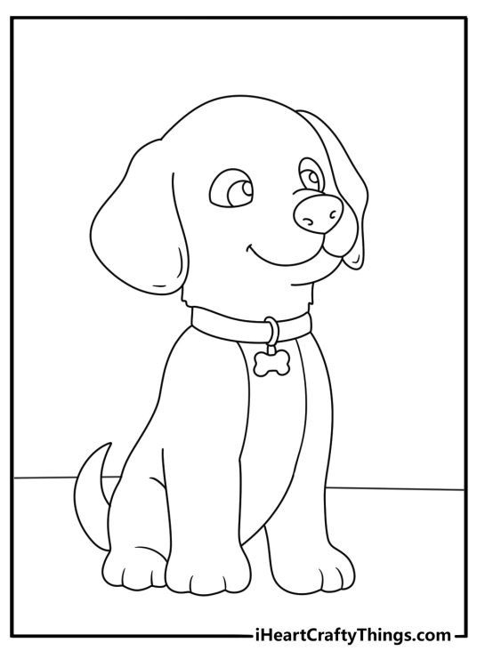 Printable coloring image depicting adorable puppy with a tag jingling around his neck