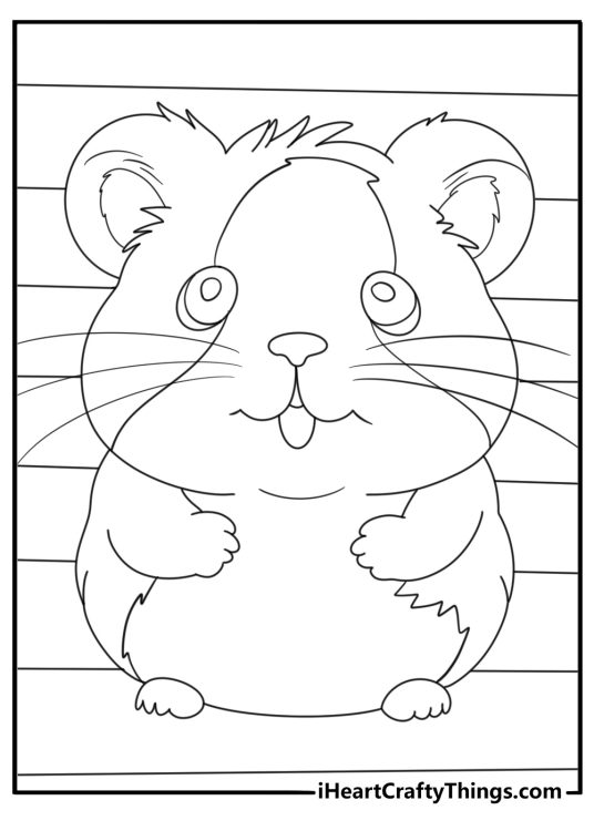 Printable coloring image for kids of a fluffy hamster sitting on his bottom surrounded by patterned background