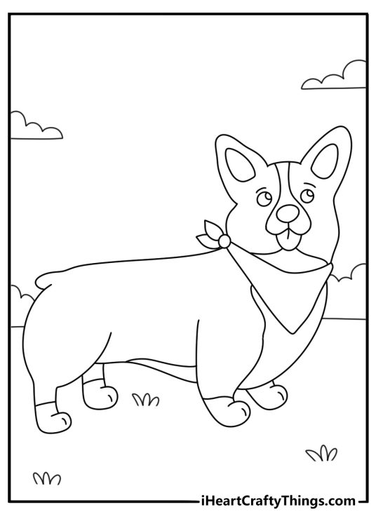 Printable coloring page for kids featuring cute adult Corgi on a walk in the park