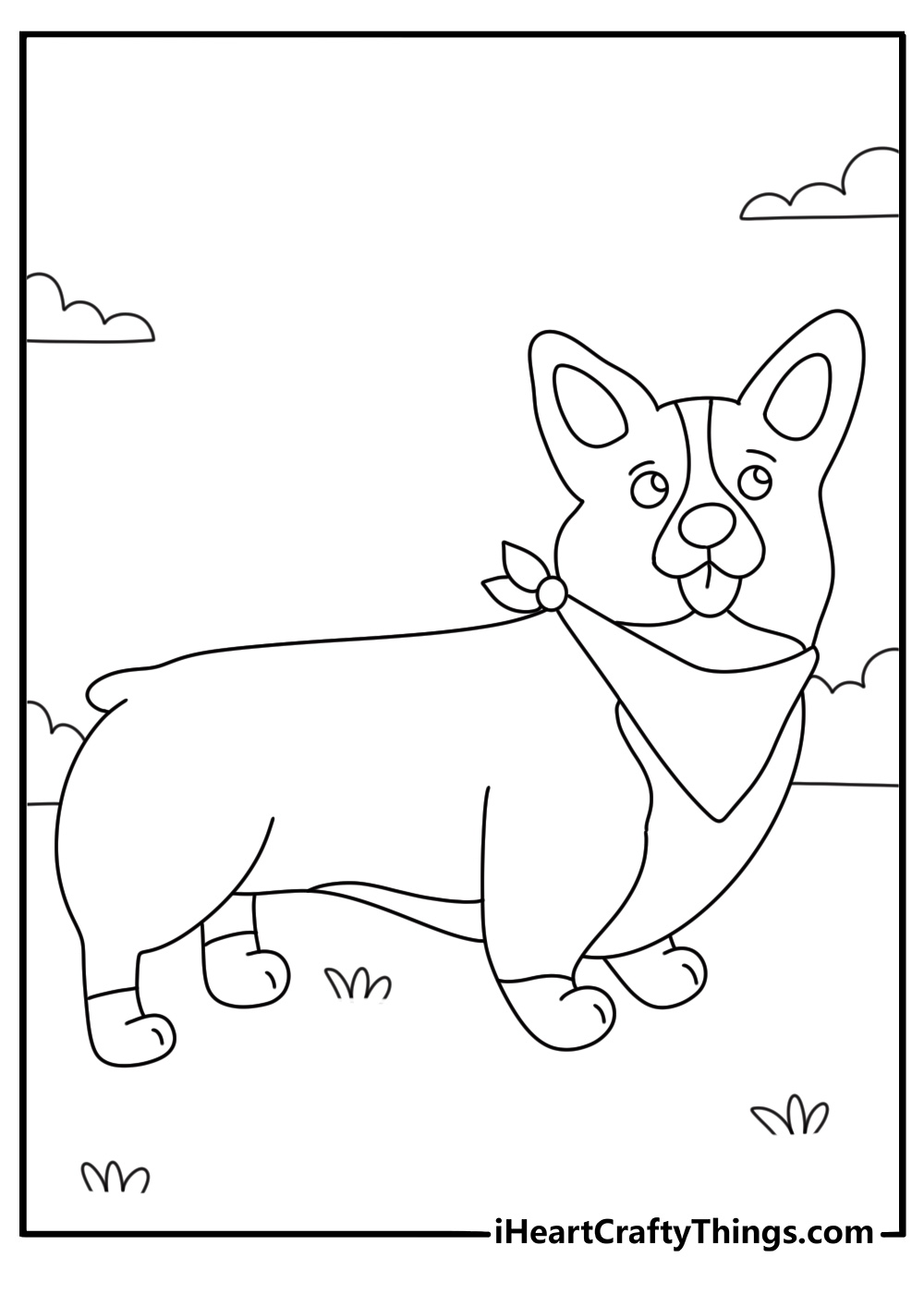 Printable coloring page for kids featuring cute adult Corgi on a walk in the park