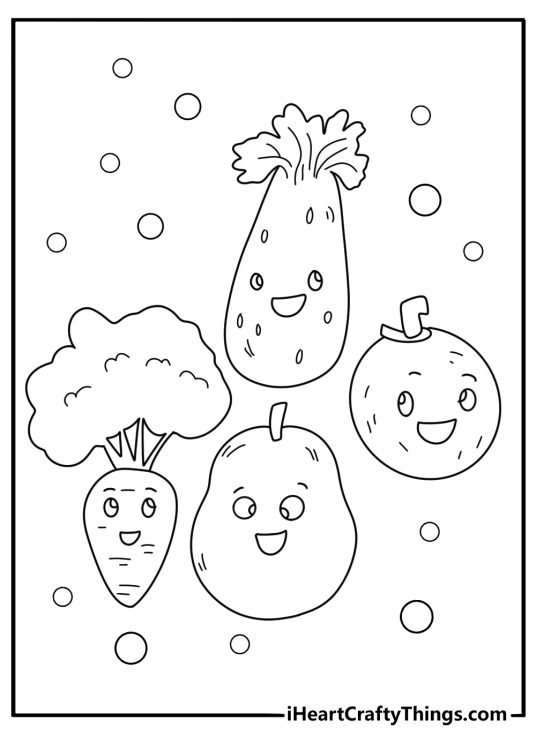 Printable coloring page for kids featuring four cartoony vegetables with smiling faces
