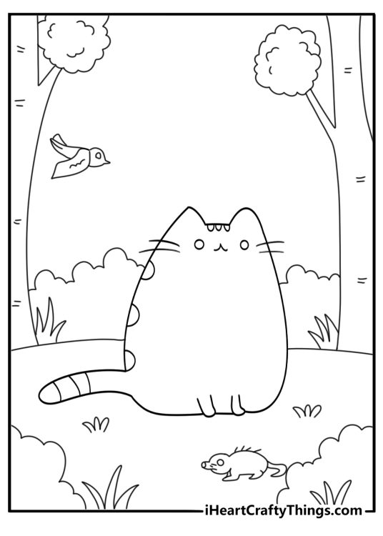 Printable coloring page of Pusheen exploring a forest trail with a backpack and friendly woodland animals