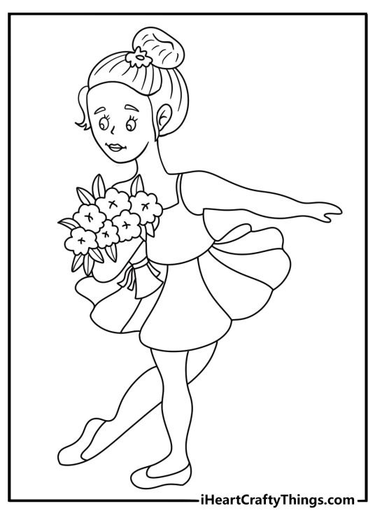 Printable coloring page of a ballerina holding a flower bouquet after a show