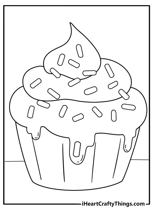 Printable coloring page of a cupcake with dripping icing and sprinkles