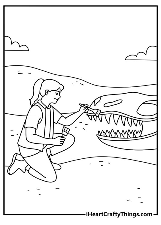 Printable coloring page of a dinosaur fossil being brushed by a paleontologist