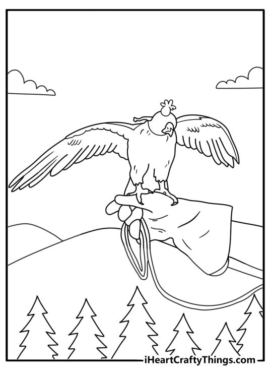 Printable coloring page of a falconry glove with a hawk hood beside it