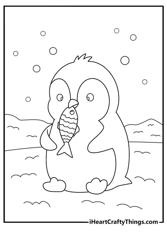 Printable coloring page of a penguin carrying a fish across snow