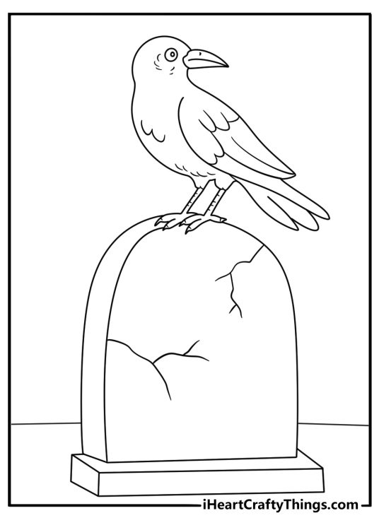 Printable coloring page of a raven standing on a grave marker