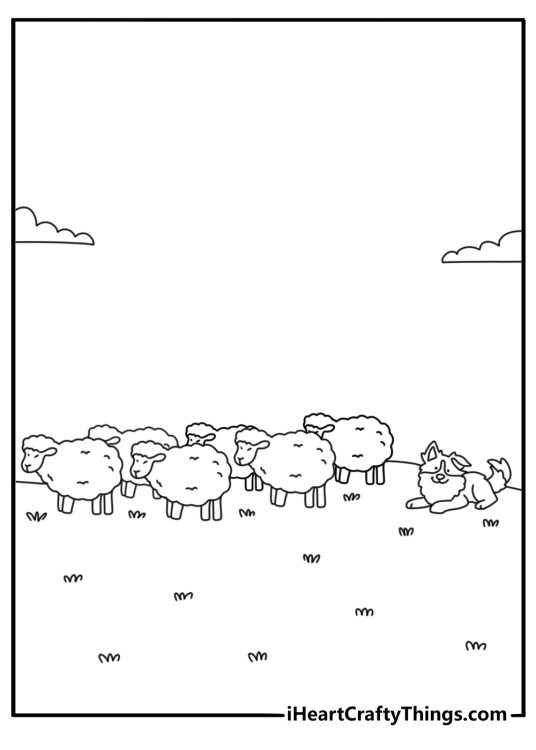 Printable coloring page of a sheepdog guiding sheep along a path