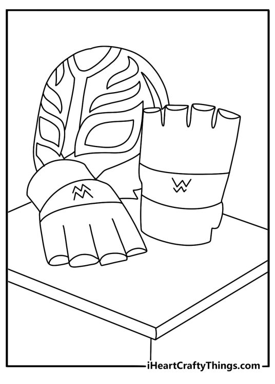 Printable coloring page of a wrestling mask and gloves on a bench