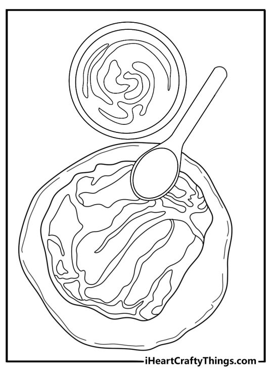 Printable coloring page of pizza dough with sauce spoon and cheese bowl