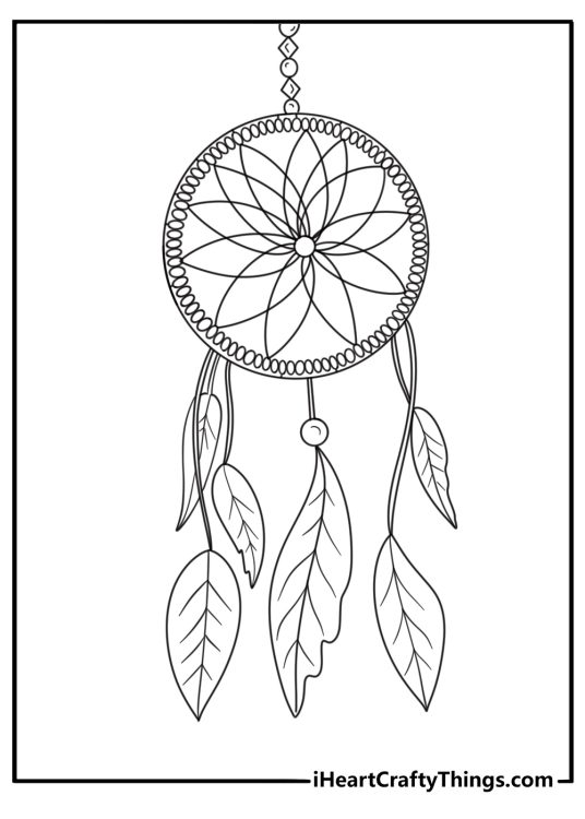 Printable coloring page presenting simple dream catcher with calming appearance