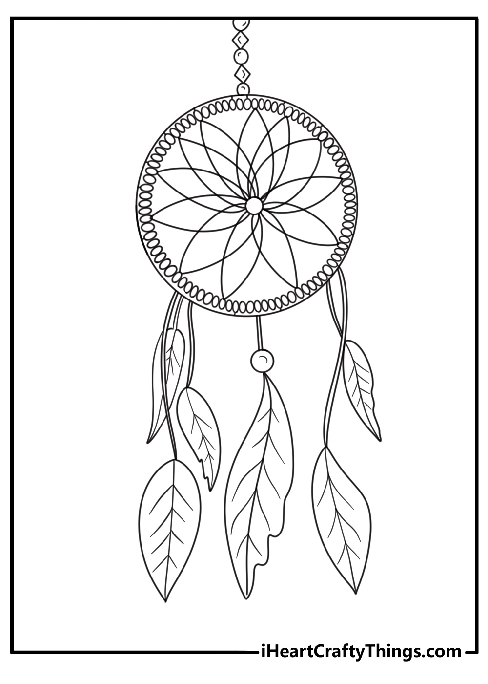 Printable coloring page presenting simple dream catcher with calming appearance
