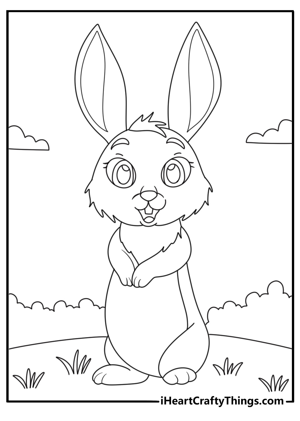 Printable coloring pdf of a super excited rabbit standing on the grass on her hind legs