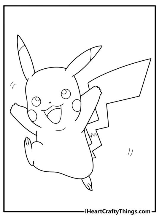 Printable coloring picture of a Pikachu looking very happy as he jums in the air