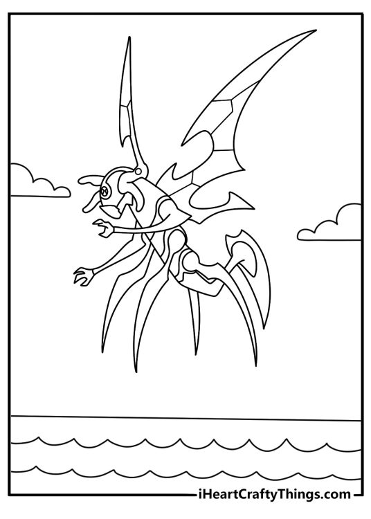 Printable coloring sheet of Stinkfly flying over rooftops with wide insect wings