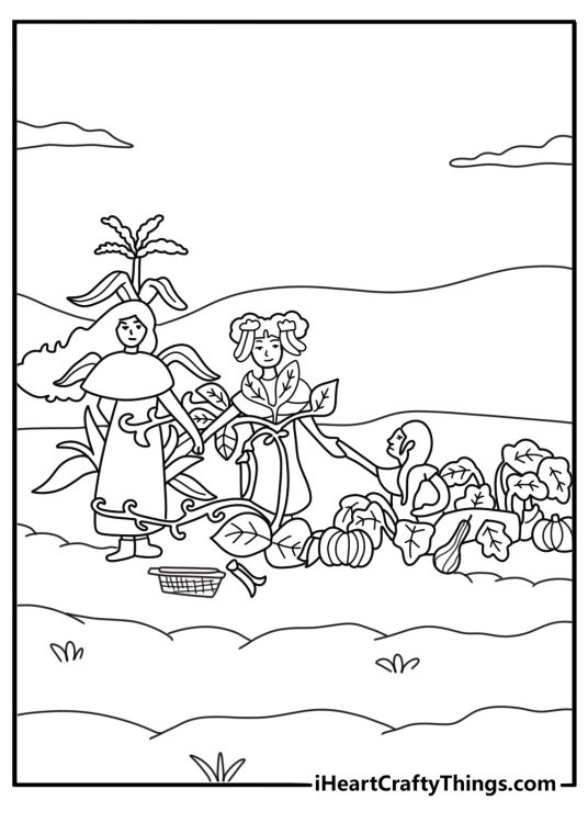 Printable coloring sheet with a woven basket and the three sisters corn beans squash easy download