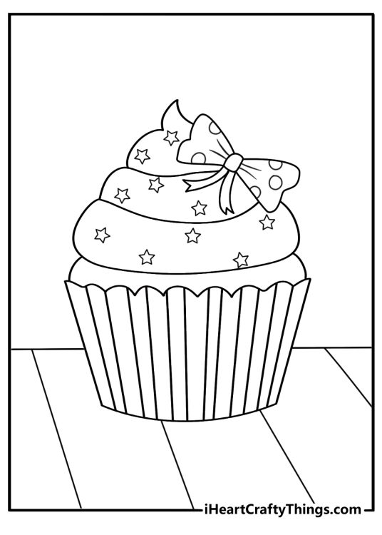 Printable cupcake coloring page of a cupcake with heart sprinkles and a ribbon bow