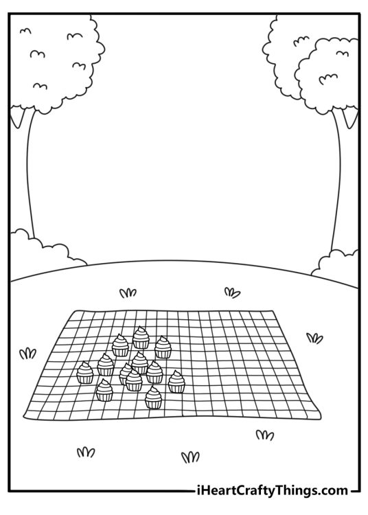 Printable cupcake coloring page with a cupcake on a picnic blanket