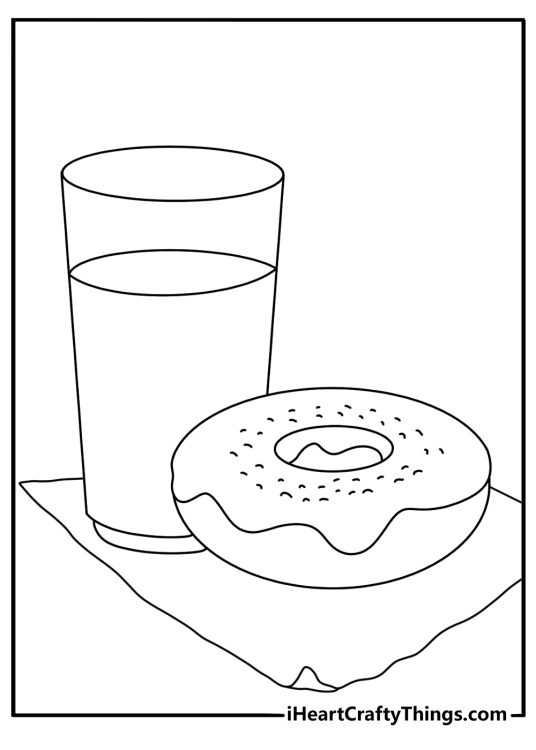Printable cute donut coloring page with a donut on a napkin beside a glass of milk