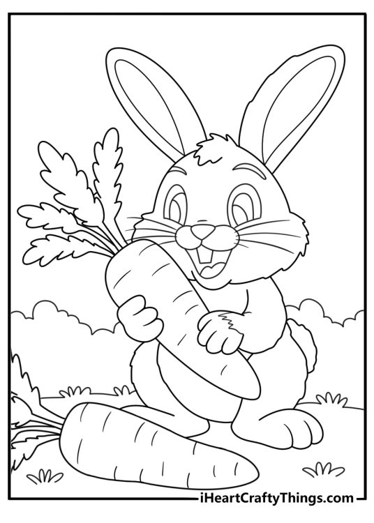 Printable drawing featuring excited rabbit as he has found two large carrots in the forest