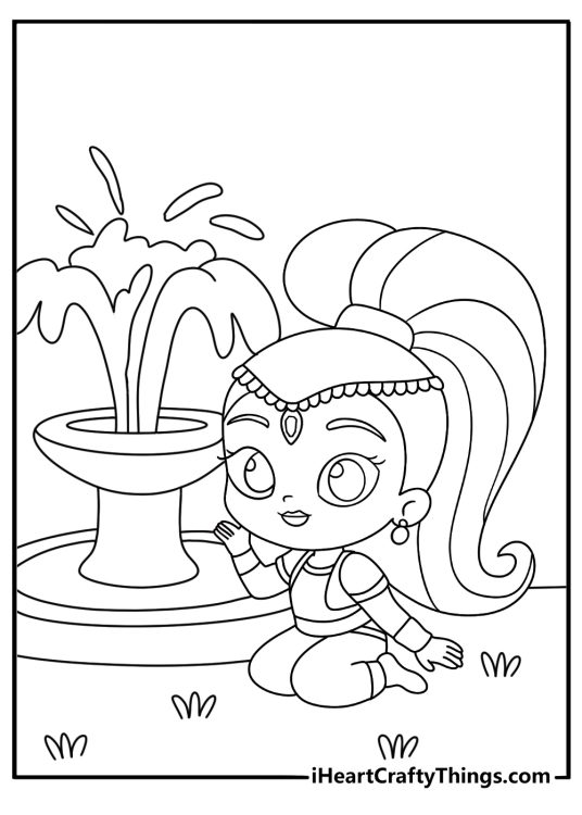 Printable fantasy scene showing Shine beside a magical fountain